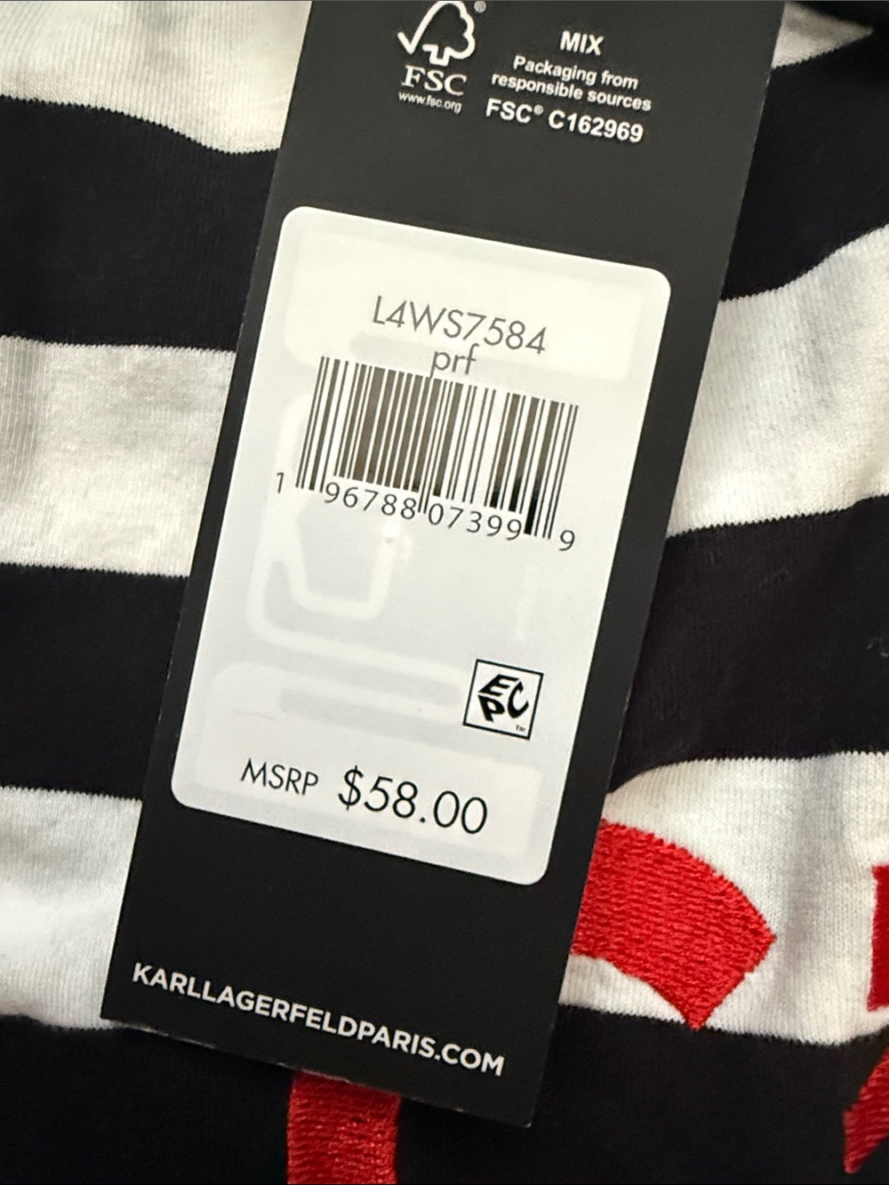 Karl Lagerfeld C’est Moi Black & White Striped Short Sleeve Tee with Red Graphic - Picture 3 of 8